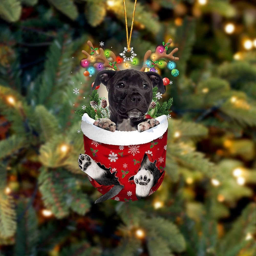 BLACK American Staffordshire Terrier In Snow Pocket Ornament