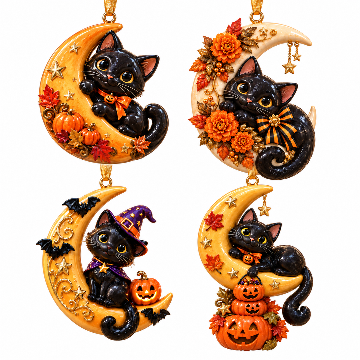 Black Cat Crescent Moon Halloween Ornament - Spooky-Cute Hanging Keepsake Collection, Festive Halloween Gift for Cat Lovers & Family