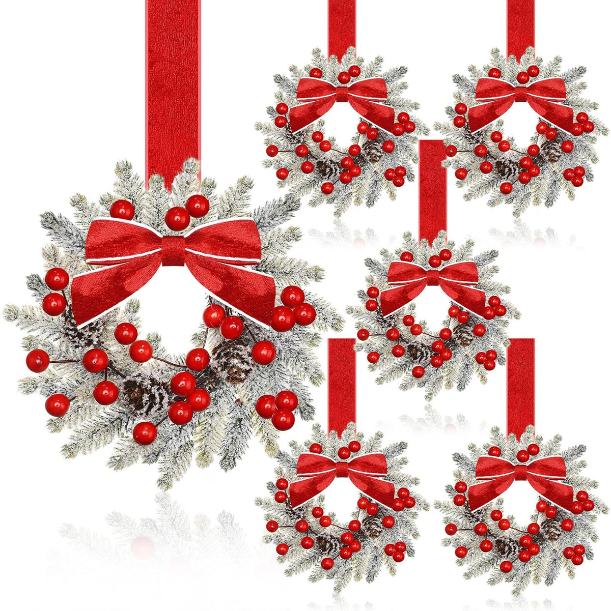🔥Last Day 49% OFF✨6-Pack Christmas Mini Window Wreaths with Ribbon Bows & Red Berries