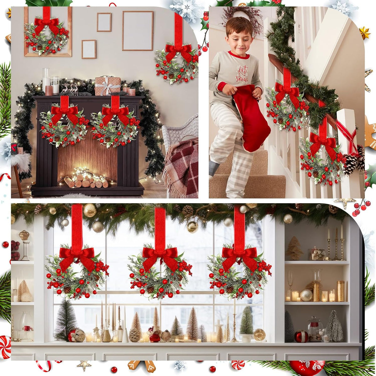 🔥Last Day 49% OFF✨6-Pack Christmas Mini Window Wreaths with Ribbon Bows & Red Berries