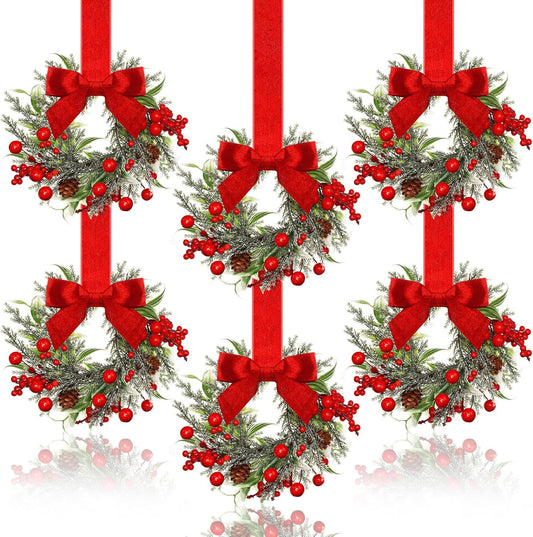 🔥Last Day 49% OFF✨6-Pack Christmas Mini Window Wreaths with Ribbon Bows & Red Berries