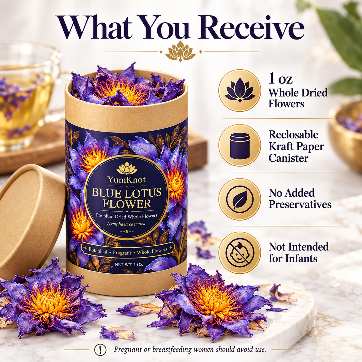 YumKnot Blue Lotus Flower Tea, Whole Dried Flowers