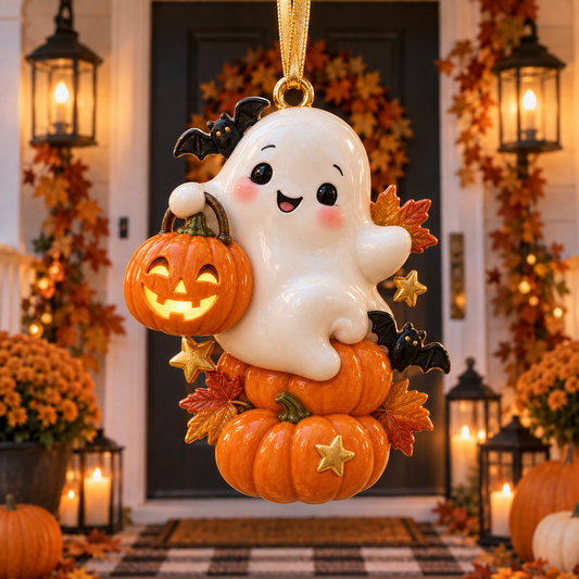 Cute Ghost & Pumpkin Halloween Ornament  –  Spooky-Cute Hanging Keepsake Collection, Fun Halloween Gift for Family & Ghost Lovers