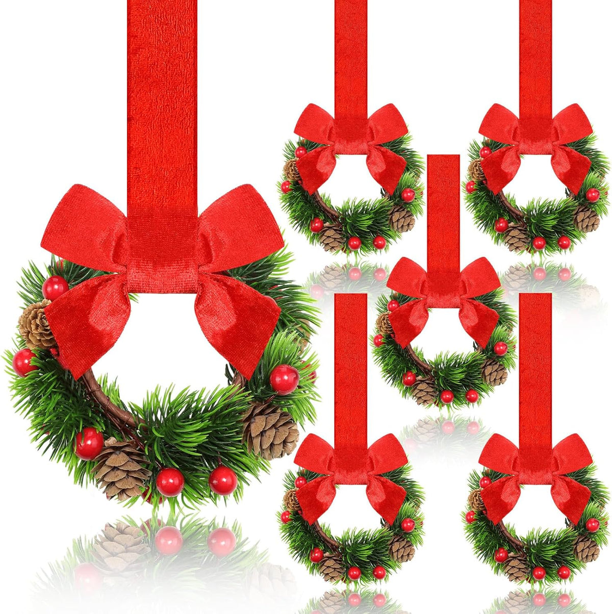 🔥Last Day 49% OFF✨6-Pack Christmas Mini Window Wreaths with Ribbon Bows & Red Berries