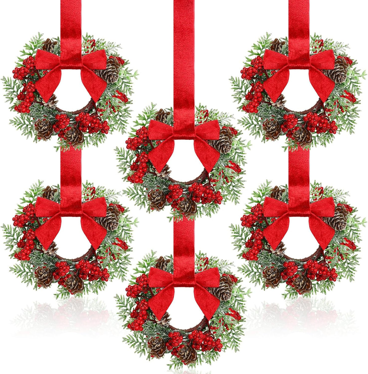 🔥Last Day 49% OFF✨6-Pack Christmas Mini Window Wreaths with Ribbon Bows & Red Berries